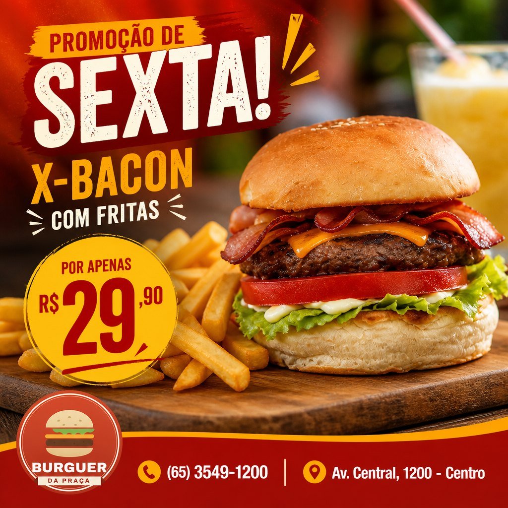 Arte gerada pelo Mídia Fácil: X-Bacon com fritas, preço em destaque, logo da loja e o endereço no rodapé